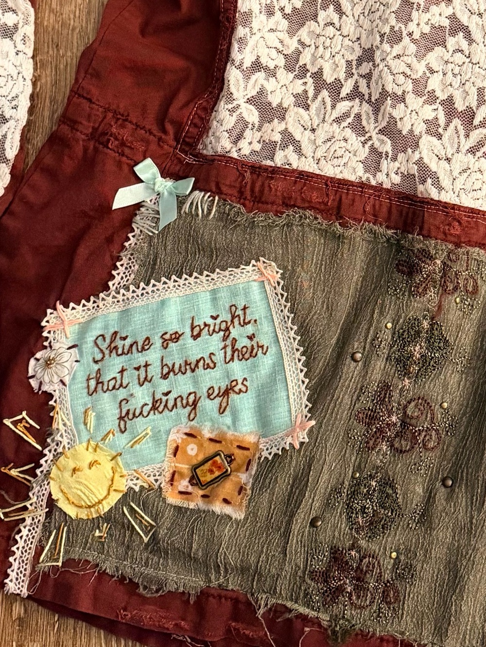 Upcycled uncensored Burgundy Handsewn Patchwork, Embroidery & Lace Utility Jacke